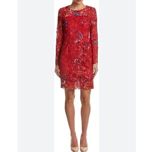 Elie Tahari Red lace Starla Sheath Dress with Long Sleeves and Crew Neck